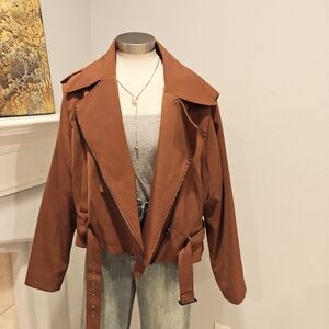 Brown Moto Style Jacket • Cropped Belted Jacket • Streetwear Minimalist